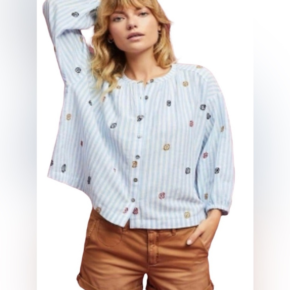 Anthropologie Akemi + Kin Stripe
Button-Up Blouse with Embroidered Accents